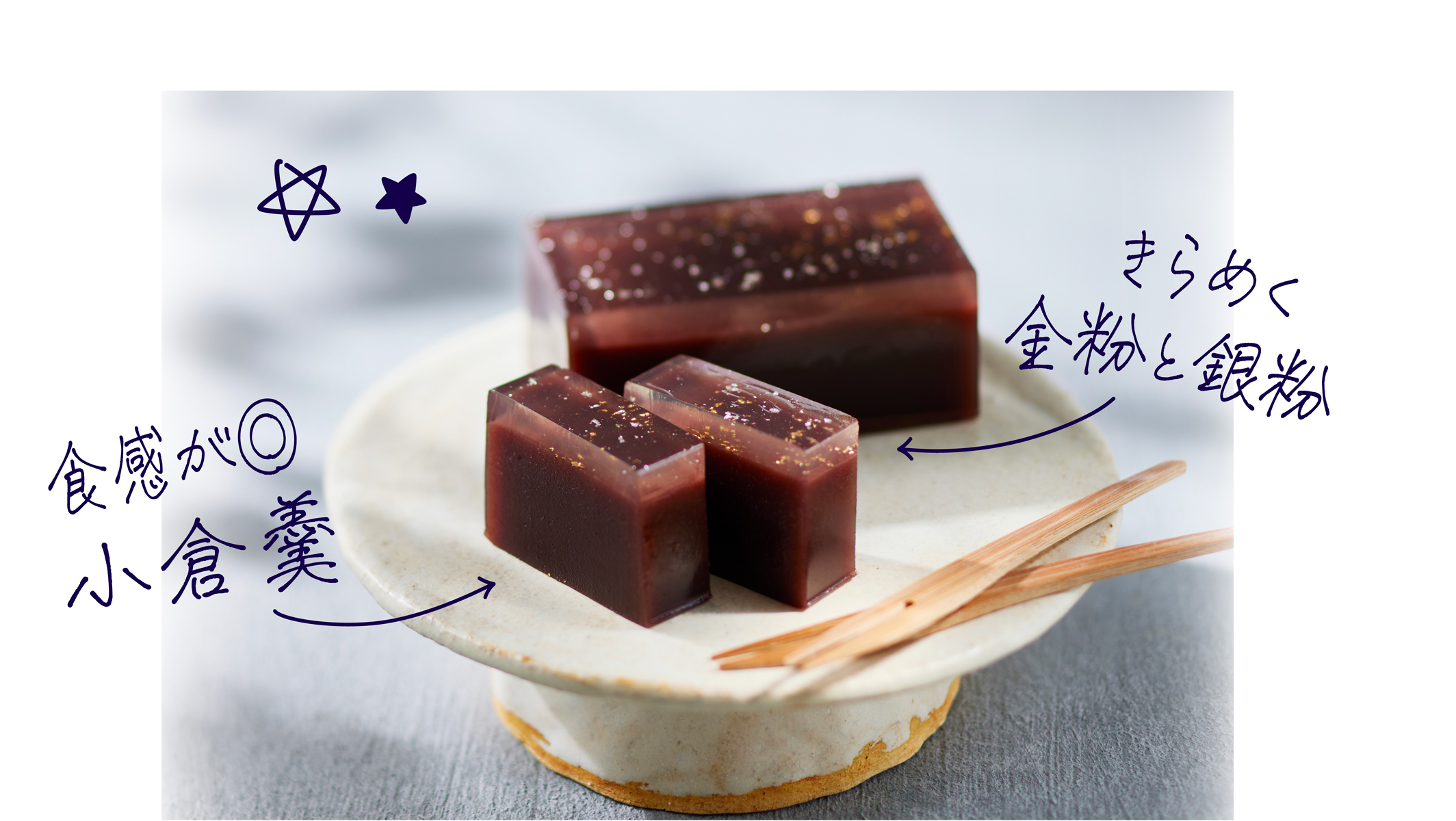 「星の林」の画像。「食感が◎ 小倉羹」「きらめく金粉と銀粉」と記載されている。